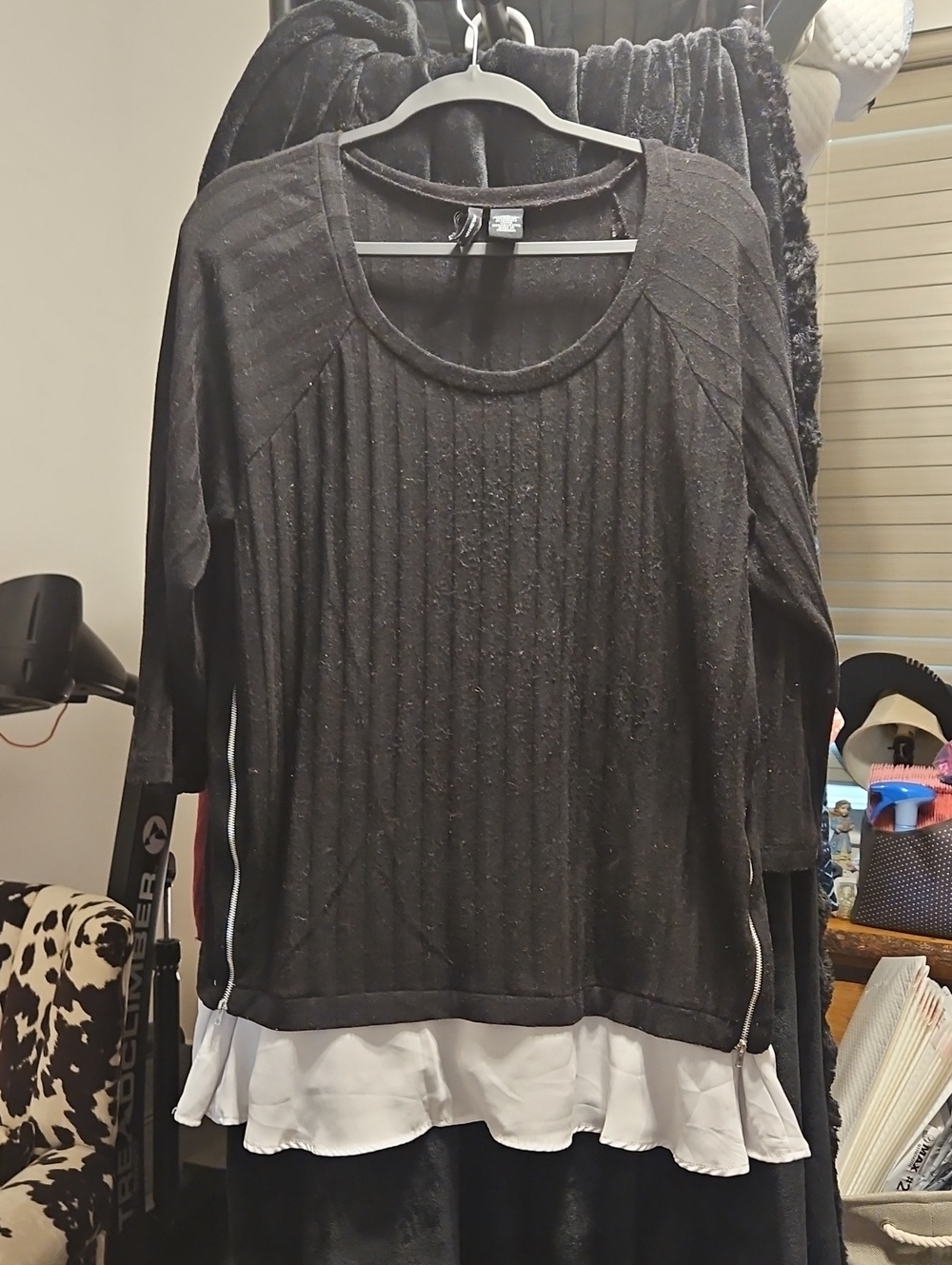new directions Black Long Sleeve Layered Top with White Ruffle Hem
